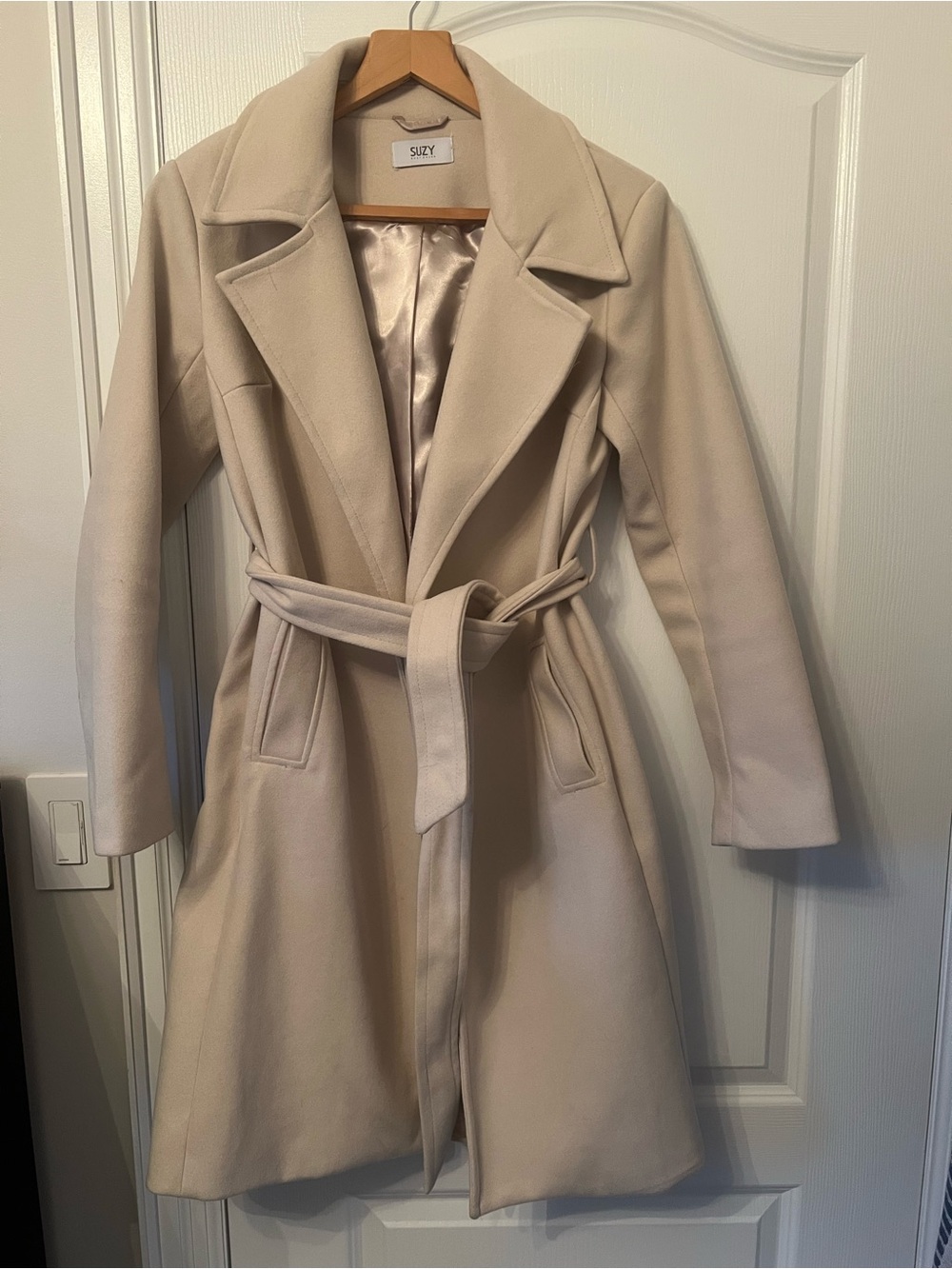 Women's Cream Belted Wool-Blend Trench Coat